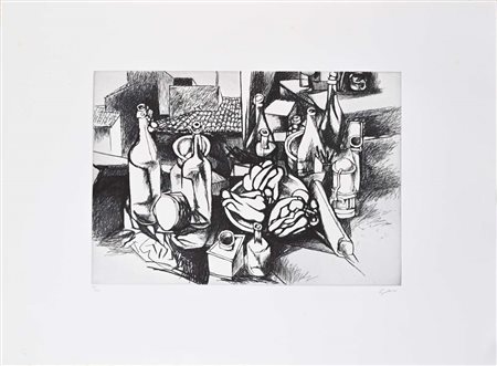 Renato Guttuso (Bagheria 1911 - Roma 1987) Bottiglie, peperoni e tetti Firma...