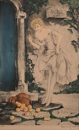 Louis Icart (1888 - 1950) Ragazza con canestra di frutta caduta Firma a...