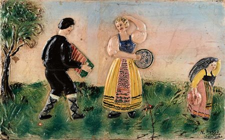 () Bassorilievo in ceramica smaltata policroma L'opera raffigura una scena...