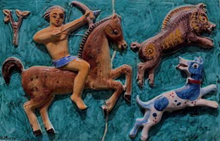 Vincenzo Pinto & Giovannino Carrano Scena di caccia Firma in basso a sinistra "V. Pinto, Vietri". Monogramma...