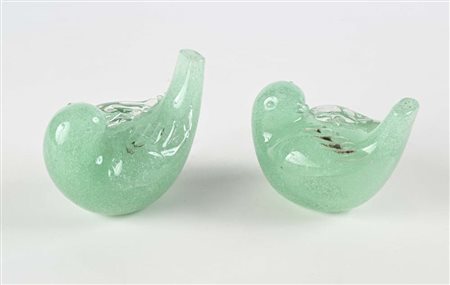 Venini Murano () Coppia di uccellini in vetro di Murano verde pulegoso Sotto...