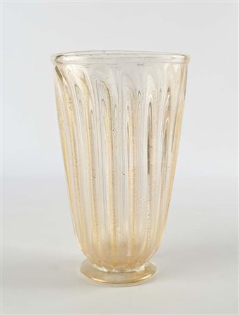 () Grande vaso costolato in vetro di Murano incolore con inclusioni in oro cm...