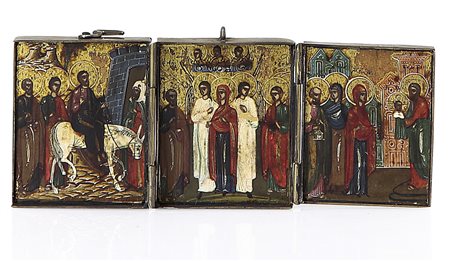 ICONA RUSSA DEL XIX SECOLO Icona da viaggio tripartitaTempera all'uovo su...