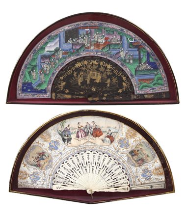 OGGETTISTICA VARIA DUE VENTAGLI, XIX SECOLO, uno con pagina in carta dipinta,...
