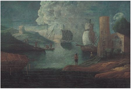 PITTORE DEL XVIII SECOLO Marina con velieri Olio su tela, cm 63x92.