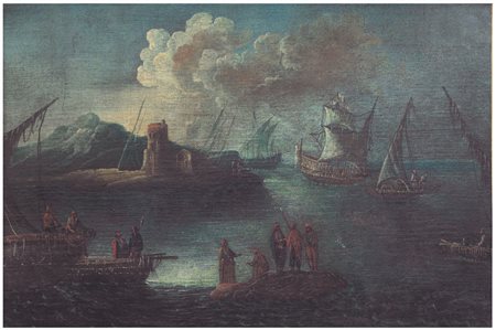 PITTORE DEL XVIII SECOLO Marina con velieri Olio su tela, cm 63x92.