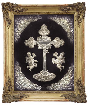 ARGENTI D'EPOCA PANNELLO CON CROCEFISSO E ANGELI IN ARGENTO, XIX SECOLO,...