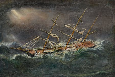PITTORE DEL XX SECOLO Marina in burrasca con naufragioOlio su tela, cm...