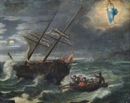 PITTORE DEL XVIII SECOLO Marina con naufragio ed apparizione della...