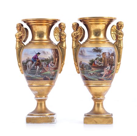 FRANCIA COPPIA DI VASI IMPERO IN PORCELLANA, FRANCIA, XIX SECOLO, ovoidali su...