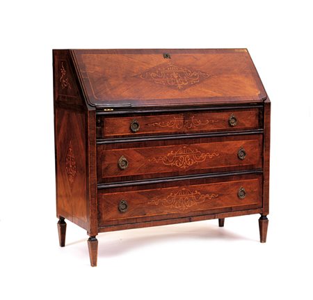 MOBILE DEL XIX SECOLO CASSETTONE A RIBALTA IN LEGNI VARI, XIX SECOLO, fronte...