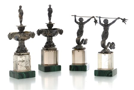 ARGENTI RECENTI DUE COPPIE DI SCULTURE IN ARGENTO, CRISTALLO DI ROCCA E...