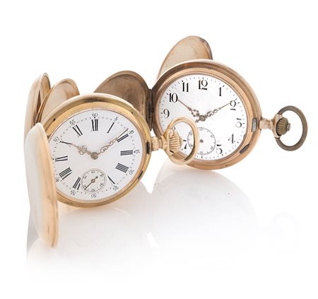 ANONIMO DUE OROLOGI DA TASCA 1900 CA. Tripla cassa in oro rosa 18 kt firmata...