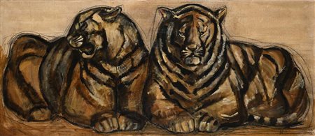 Etiennette Johan (attiva nel XX secolo) Due tigri sdraiate Tecnica mista...
