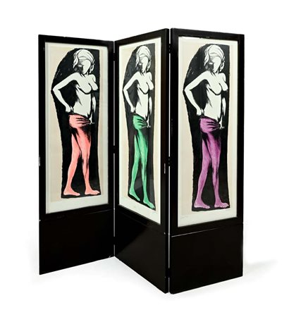 Renato Guttuso (Bagheria 1911 - Roma 1987) Paravento Paravento in legno a tre...