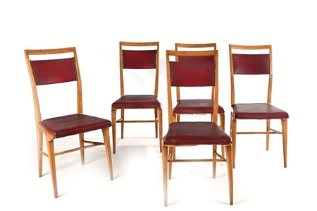 Giò Ponti (attribuito a) () Cinque sedie Anni '50 Struttura in legno e...