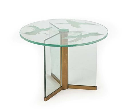 () Tavolino da salotto Anni '40 Il piano rotondo in vetro è decorato con...