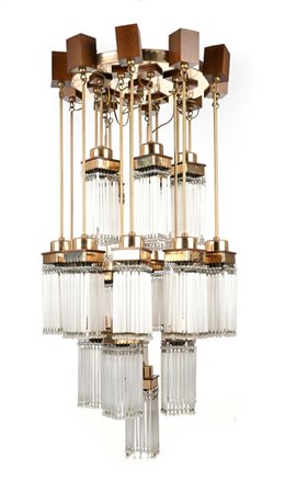 () Grande Lampadario da soffitto a 21 luci Metallo dorato, legno e vetri cm h...