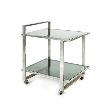 () Carrello bar in metallo cromato e due piani in vetro nero Anni '70 cm...