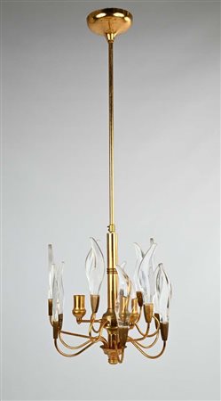 () Lampadario a 3 luci Struttura in ottone e diffusori in vetro a forma di...