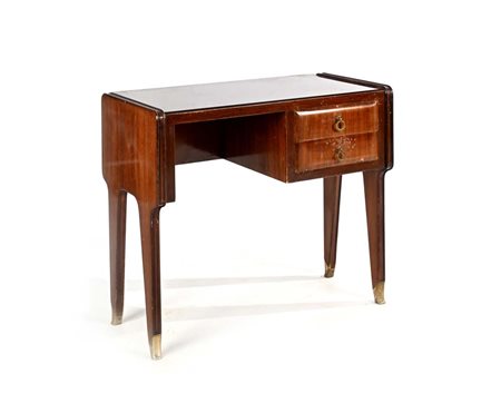 () Scrittoio Anni '50 Struttura in legno, ottone e piano in vetro nero cm...