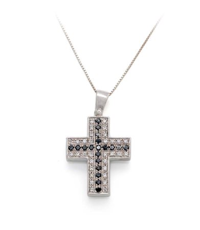 Collana con pendente a croce in oro, brillanti e brillanti neri Oro bianco...
