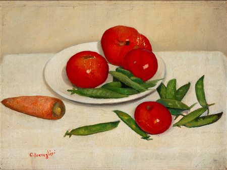 Cesare Breveglieri (Milano 1902 - 1948)  - Natura morta con pomodori e piselli