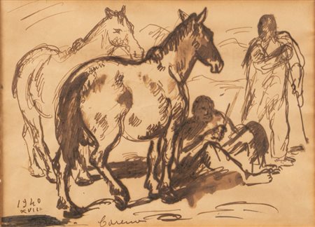 Felice Carena (Cumiana 1879 - Venezia 1966)  - Figure e cavalli, 1940