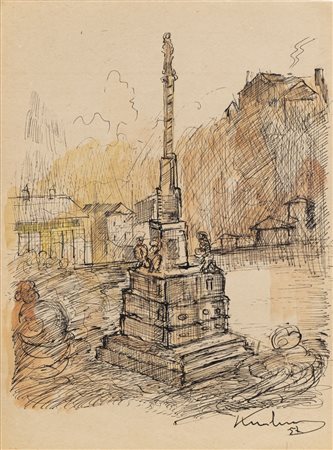 Alfred Kubin (Leitmeritz 1877 - Zwickledt 1959)  - Piazza con monumento, 1957
