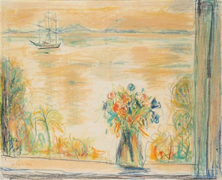 Antonio Corpora (Tunisi 1909 - Roma 2004)  - Fiori alla finestra con barche, 1945