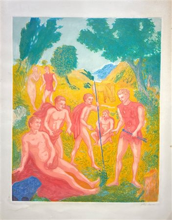 Aligi Sassu (1912 - 2000) Gli argonauti 1983 acquatinta a colori 74 x 59 cm....