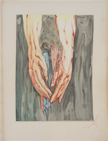 Salvador Dalì (1904 - 1989) Nelle mani di Anteo 1980 xilografia a colori 32,5...