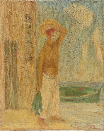 Firmato "Manuel" e datato in basso a destra Pescatore 1957 olio su tela 50 x...
