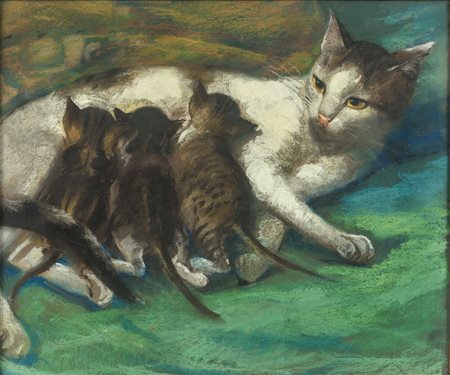 Firmato in basso a destra. In cornice. Marino Lenci (1874 - 1939) Mamma gatta...