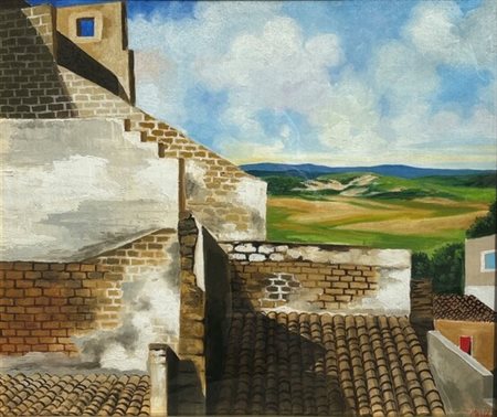 Firmato in basso a destra e al retro. Renzo Meschis (1945 - ) Tetti Olio su...