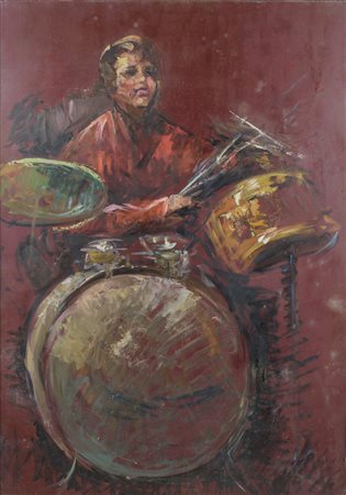 Batterista Scuola americana del XX secolo olio su tavola 139 x 98 cm