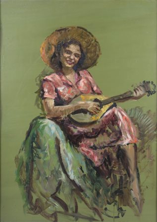 Suonatrice di mandolino Scuola americana del XX secolo olio su tavola 138 x...