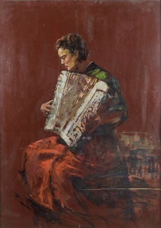 in cornice Suonatrice di fisarmonica Scuola americana del XX secolo olio su...