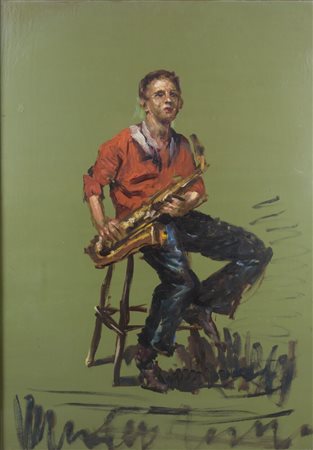 in cornice Sassofonista Scuola americana del XX secolo olio su tavola 139 x...