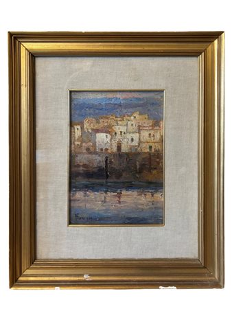 Firmato in basso a sinistra "A. Flora". In cornice. Città marina 1906 olio su...