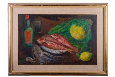 Entro cornice Natura morta con pesci e bottiglia XX secolo dipinto ad olio su...