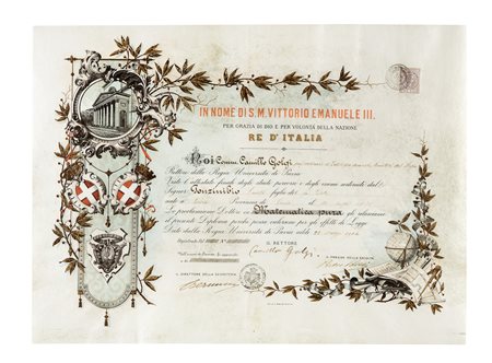 Golgi Camillo, Firma autografa su laurea in pergamena. Datata 22 marzo 1904....