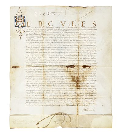 Privilegio pergamenaceo con firma autografa di Ercole I d'Este con...