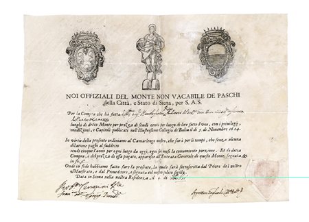 1 Monte del Monte de' Paschi di Siena. Datato 4 settembre 1651. Pergamena...