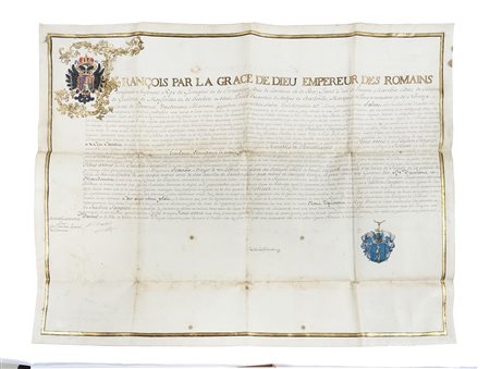 Diploma di grandi dimensioni con miniature e firma autografa di Francesco I...