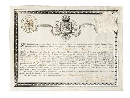 Monte della città di Firenze. Datato 1802. Pergamena stampata con note e...