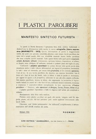 Rognoni Angelo, I plastici paroliberi. Manifesto sintetico futurista. Pavia:...