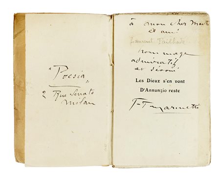 Marinetti Filippo Tommaso, Dedica autografa su libro Les Dieux s'en vont,...