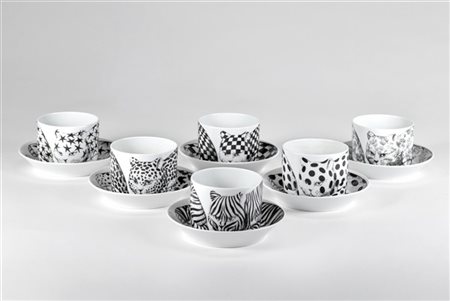 Fornasetti Sei tazze con piattino della serie "High fidelity". Milano, anni '80.
