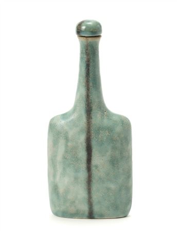 Bruno Gambone Bottiglia con tappo in gres smaltato in verde maculato e nero. Ita